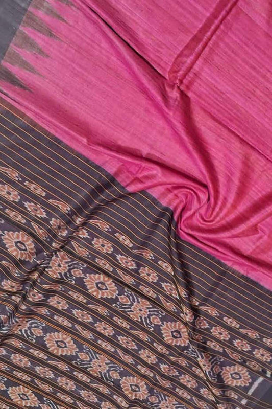 Handloom Tussar Ghicha Silk Ikat Saree with Pink Pallu - Luxurion World