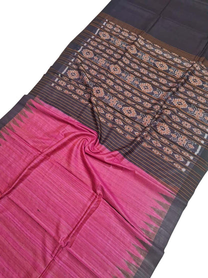 Handloom Tussar Ghicha Silk Ikat Saree with Pink Pallu - Luxurion World