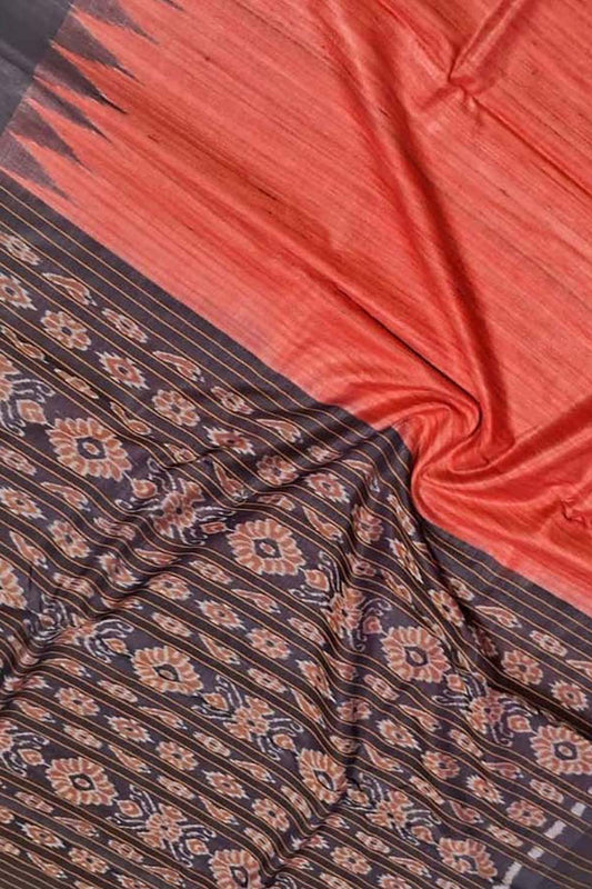Red Bhagalpur Handloom Tussar Ghicha Silk Ikat Saree - Luxurion World
