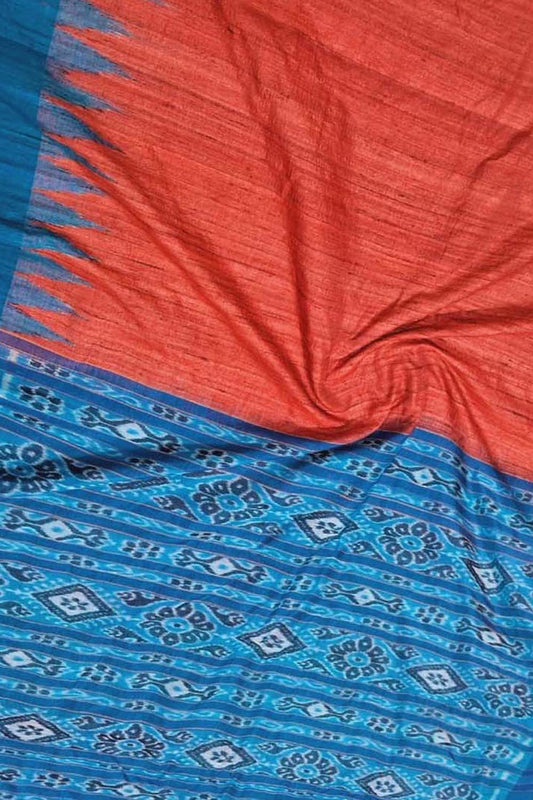 Red Bhagalpur Handloom Tussar Ghicha Silk Ikat Saree - Luxurion World