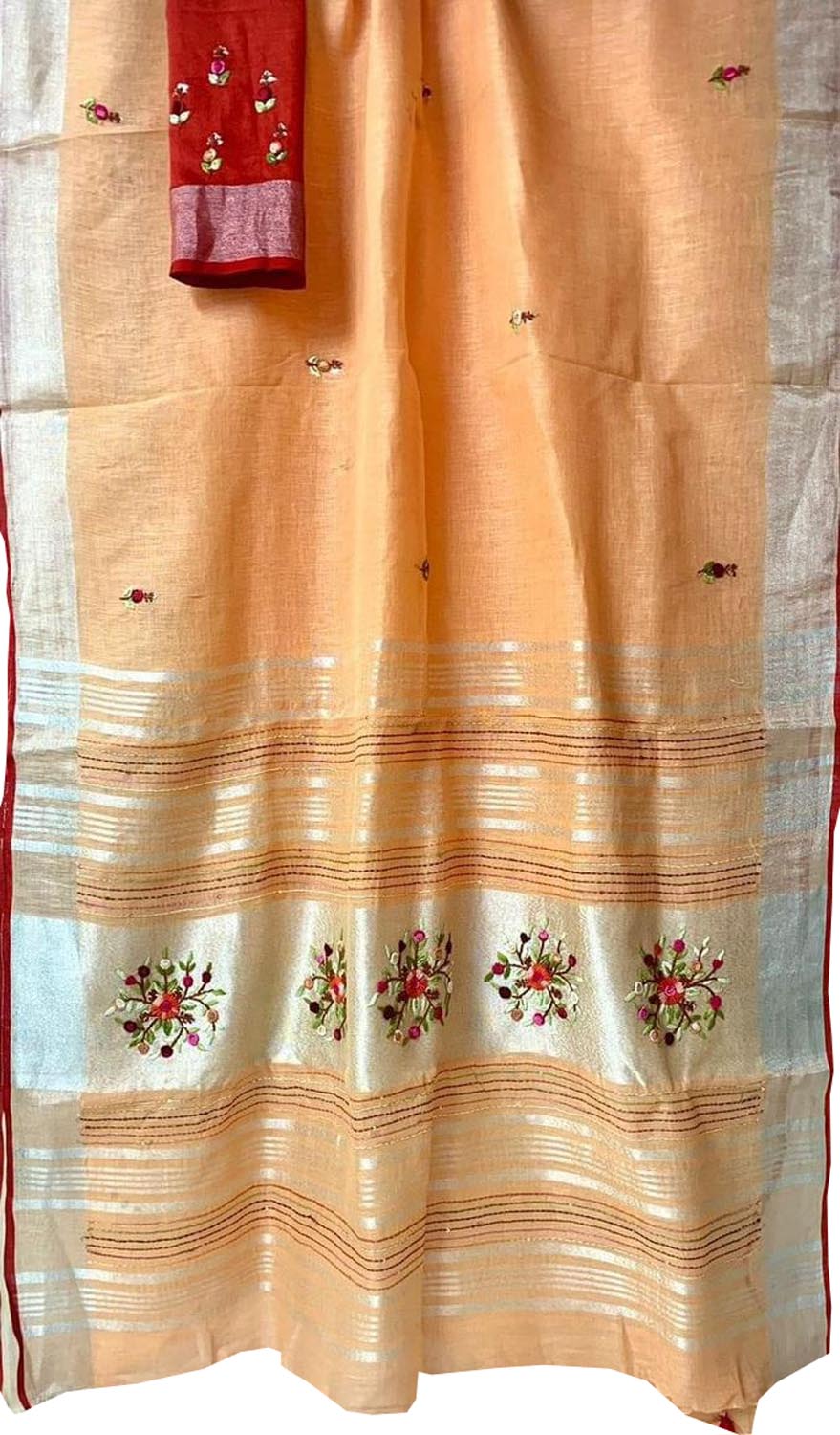 Orange And Red Pure Linen French Knot Embroidered Saree - Luxurion World