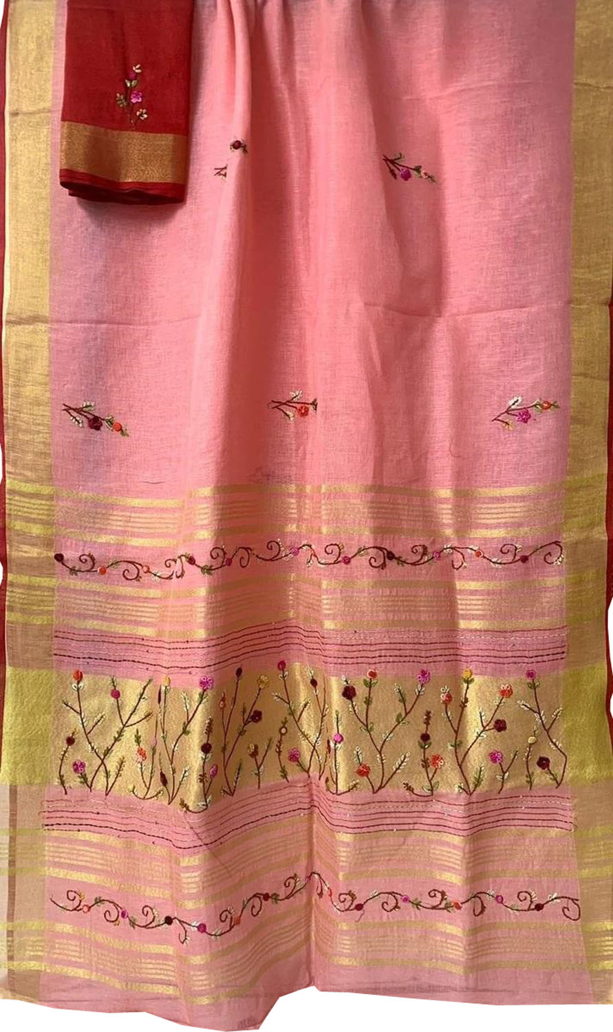 Pink And Red Pure Linen French Knot Embroidered Saree - Luxurion World