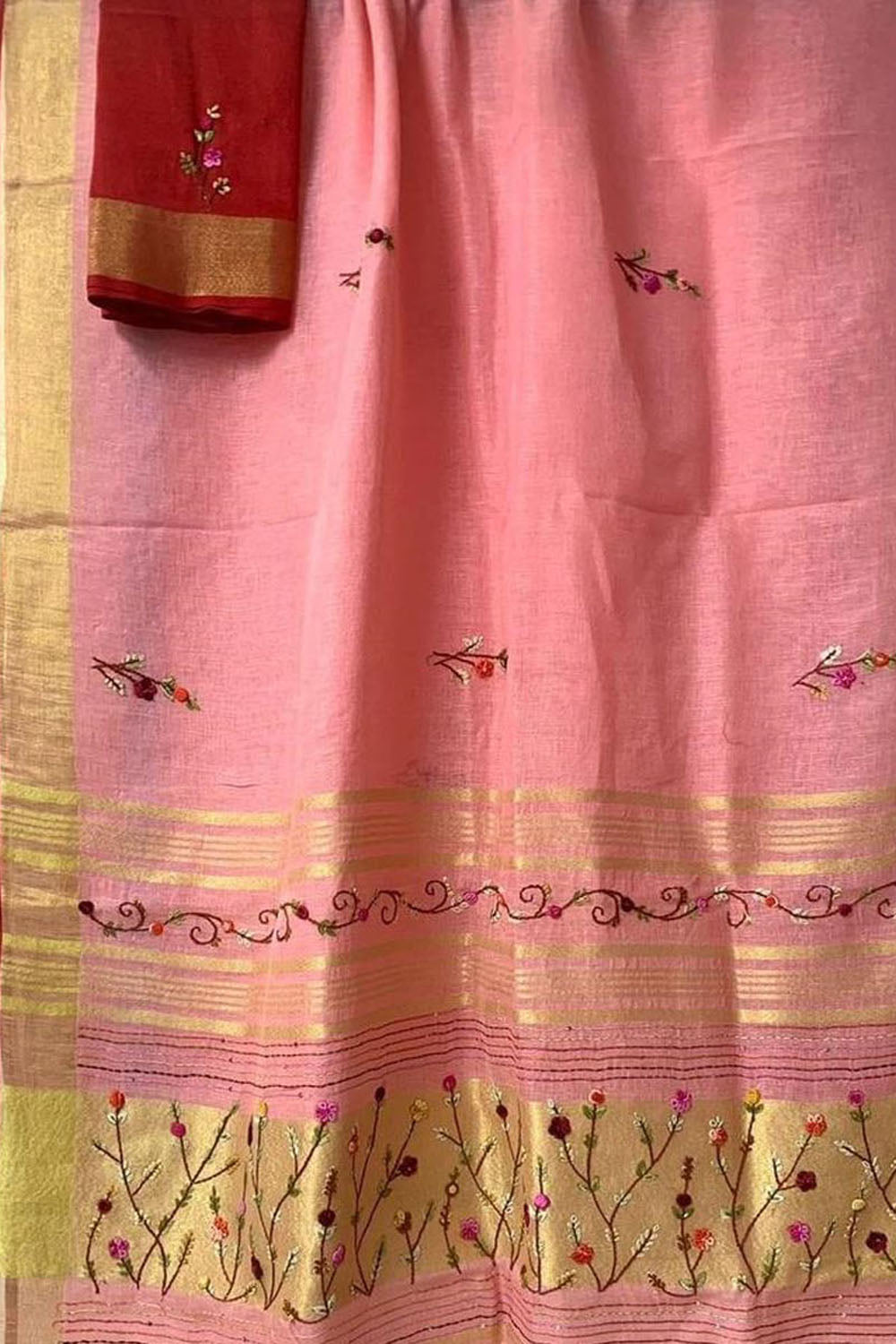 Pink And Red Pure Linen French Knot Embroidered Saree - Luxurion World