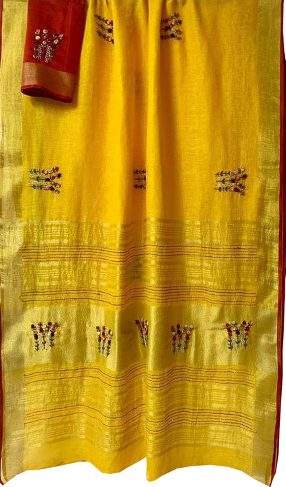 Yellow And Red Pure Linen French Knot Embroidered Saree - Luxurion World