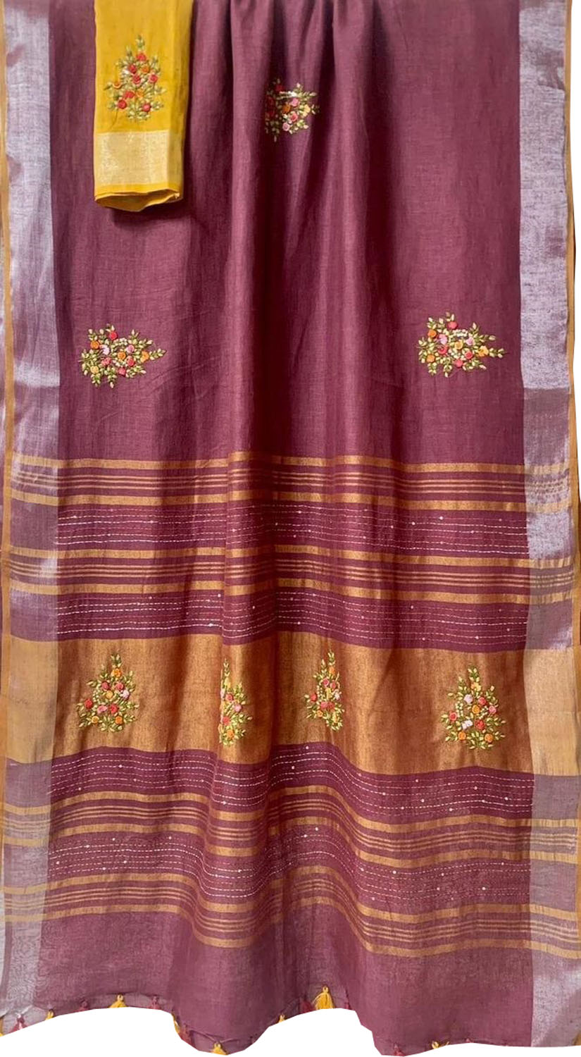 Maroon And Yellow Pure Linen French Knot Embroidered Saree - Luxurion World
