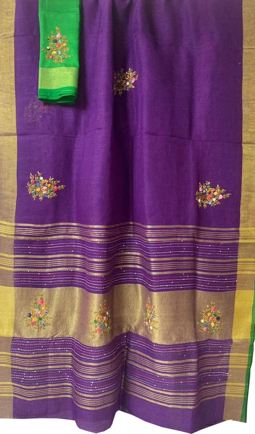 Purple And Green Pure Linen French Knot Embroidered Saree - Luxurion World