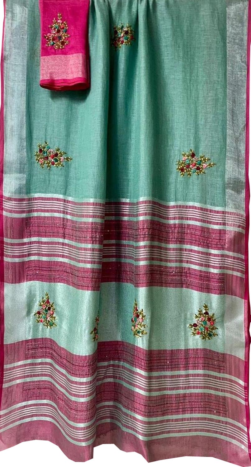 Green And Pink Pure Linen French Knot Embroidered Saree - Luxurion World
