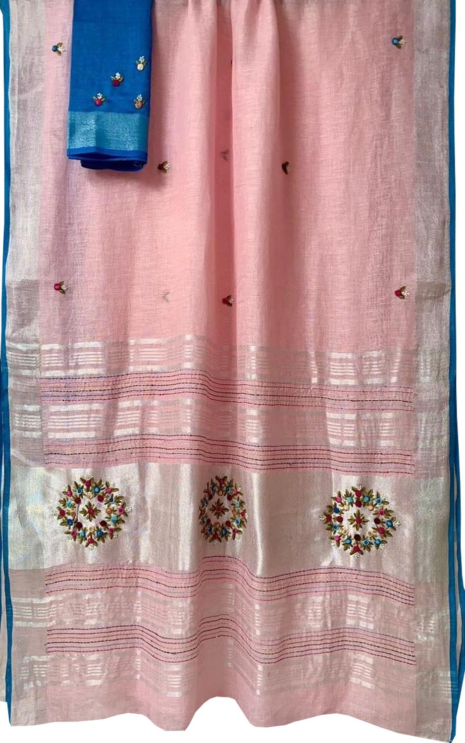 Pink And Blue Pure Linen French Knot Embroidered Saree - Luxurion World