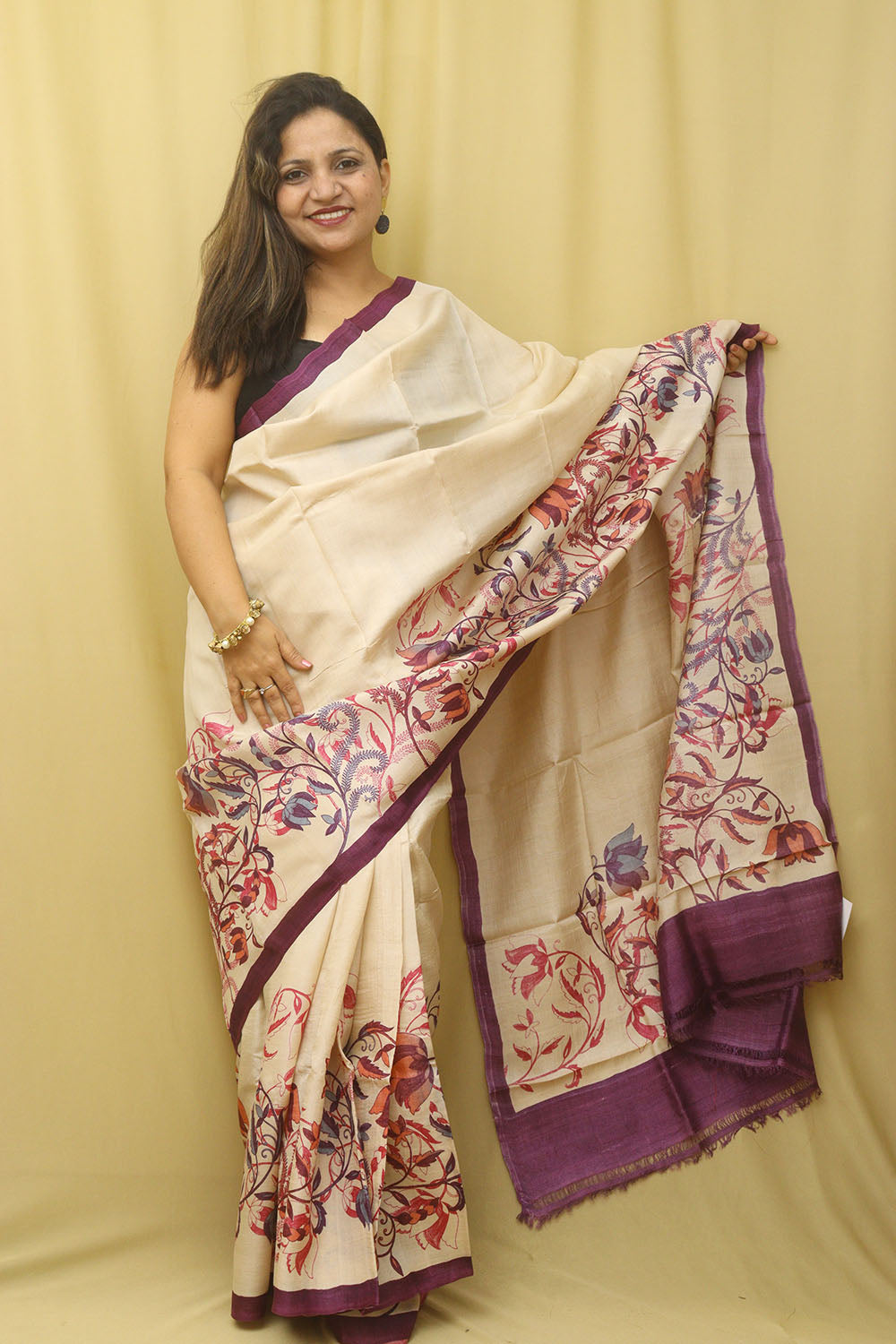 Bengal Zari Border Pure Tussar Silk Saree Hand Block Printed 01