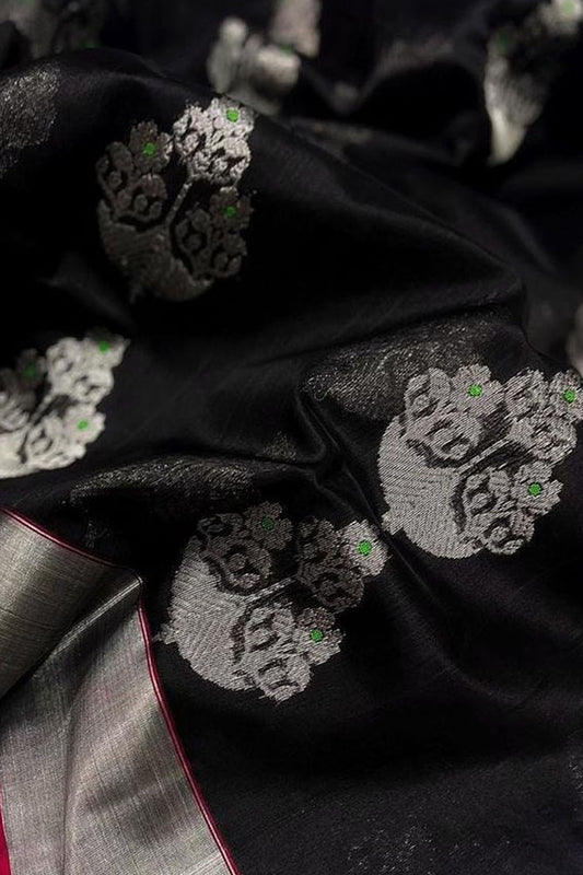 Exquisite Black Chanderi Pure Silk Saree - Handloom Beauty - Luxurion World