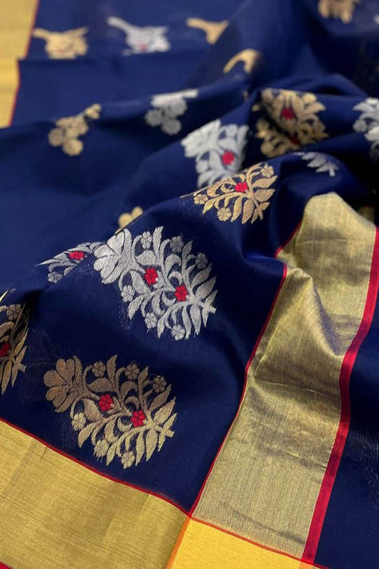 Blue Chanderi Handloom Pure Silk Saree - Elegant and Timeless - Luxurion World