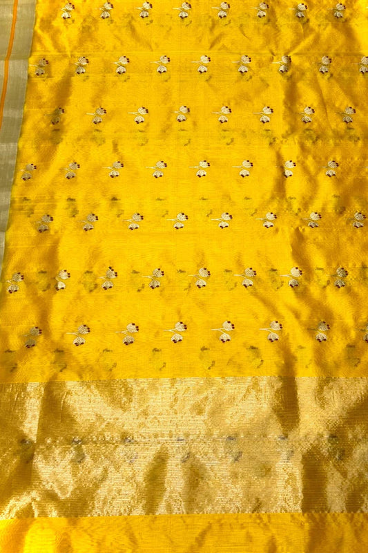 Yellow Chanderi Handloom Pure Pattu Silk Meenakari Saree - Luxurion World