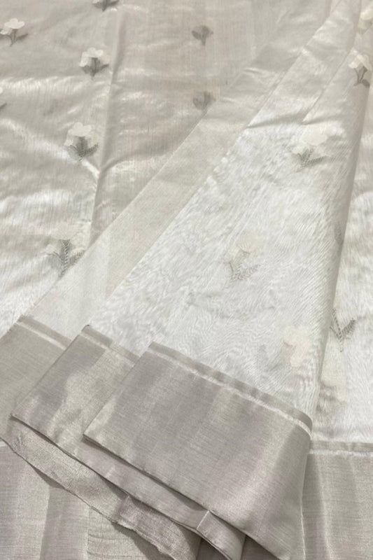 Off White Chanderi Handloom Pure Pattu Silk Meenakari Saree - Luxurion World