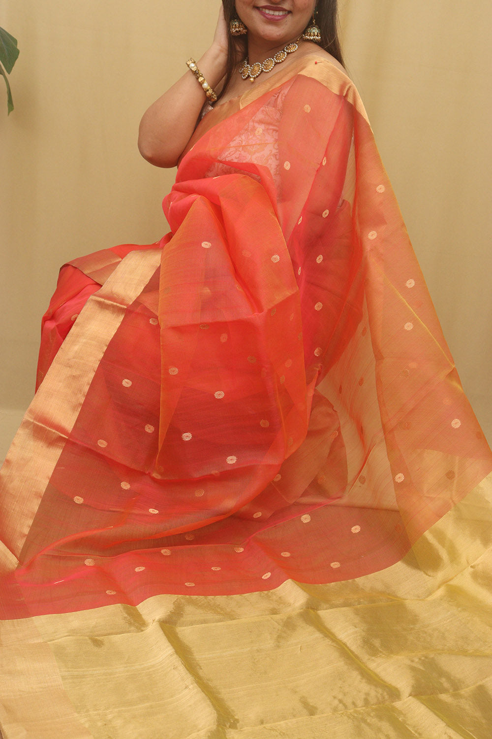 Pink And Orange Chanderi Handloom Pure Katan Silk Saree - Luxurion World