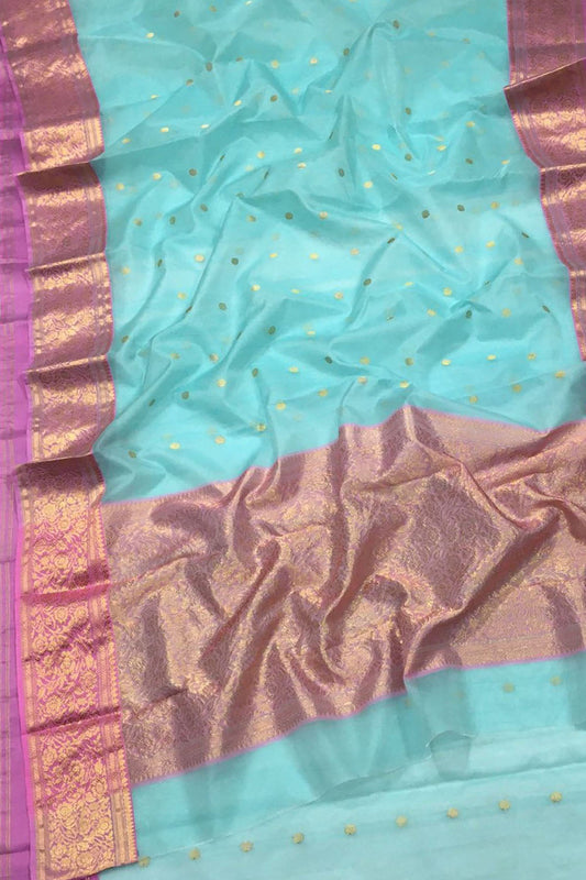 Blue Chanderi Handloom Pure Katan Silk Saree - Elegant and Luxurious - Luxurion World