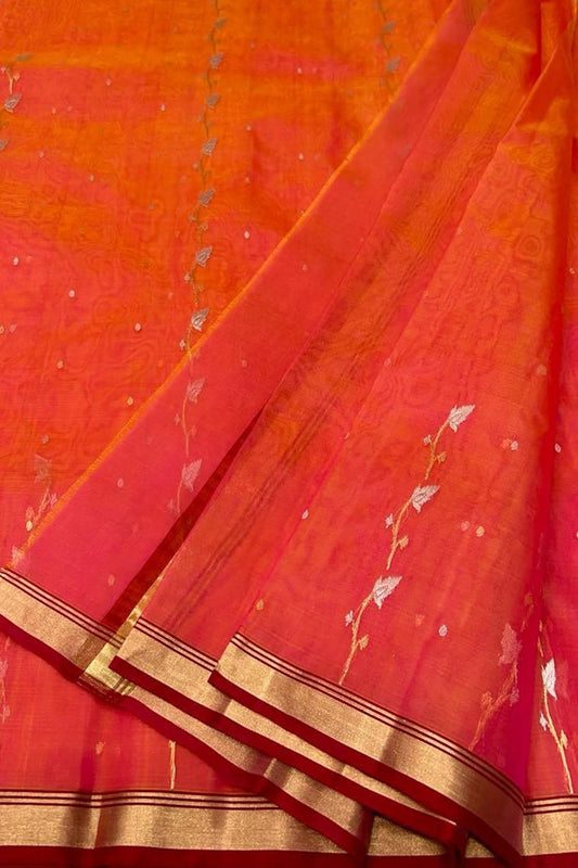 Pink & Orange Chanderi Handloom Pure Katan Silk Saree - Luxurion World