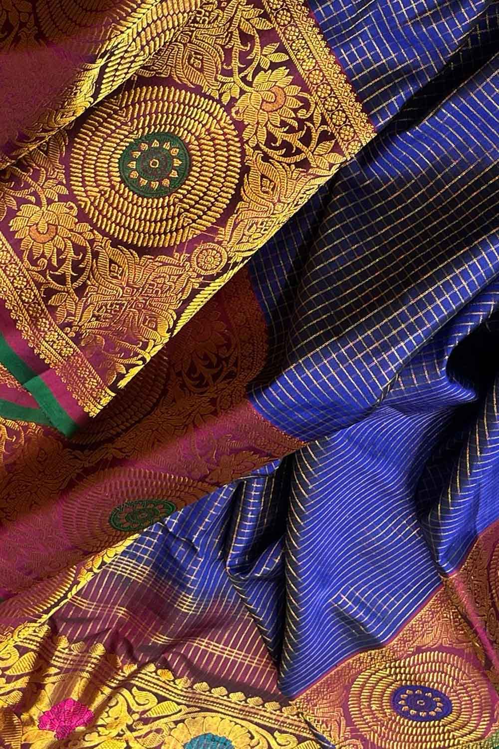 Handwoven Purple Gadwal Kuttu Silk Saree With Checks & Temple Border  10019115 - AVISHYA.COM | Saree, Silk, Indian sarees