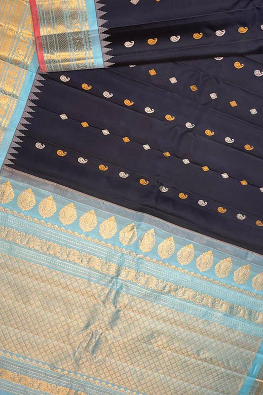 Exquisite Black Gadwal Handloom Pure Silk Saree