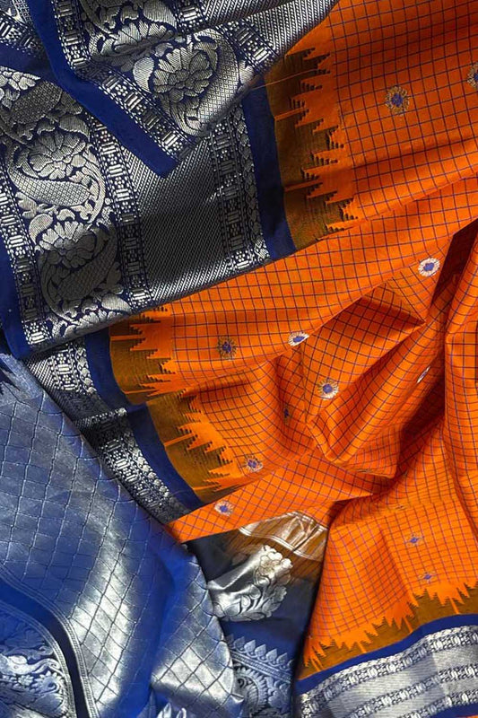 Orange Gadwal Handloom Pure Silk Saree - Elegant and Luxurious - Luxurion World