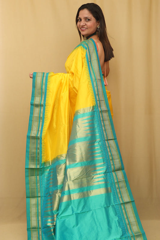 Golden Glow: Yellow Ilkal Pure Silk Saree - Luxurion World