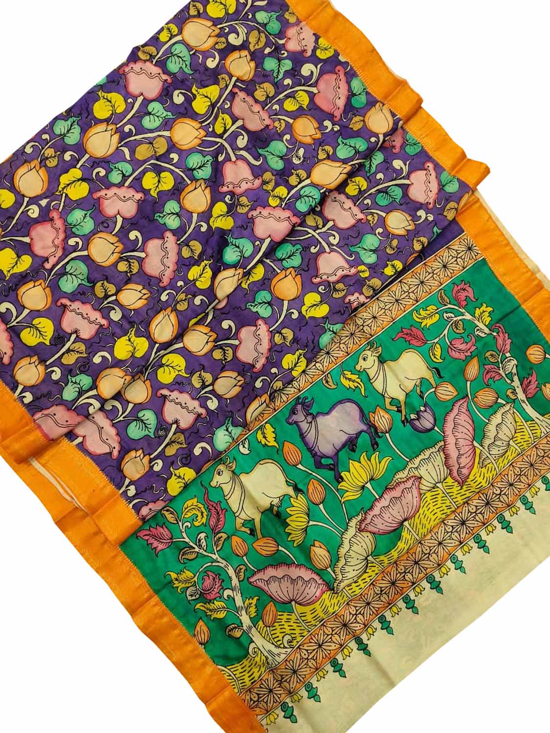 Kalamkari Hand Painted Silk Saree with Multicolor Pen - Luxurion World