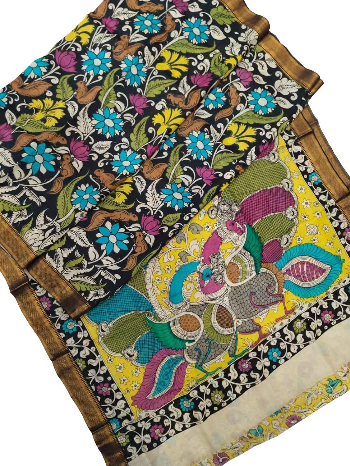 Kalamkari Hand Painted Silk Saree with Multicolor Pen - Luxurion World