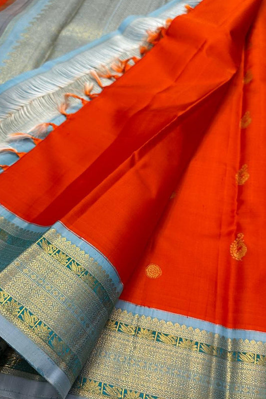 Exquisite Orange Kanjeevaram Silk Saree - Handloom Beauty - Luxurion World