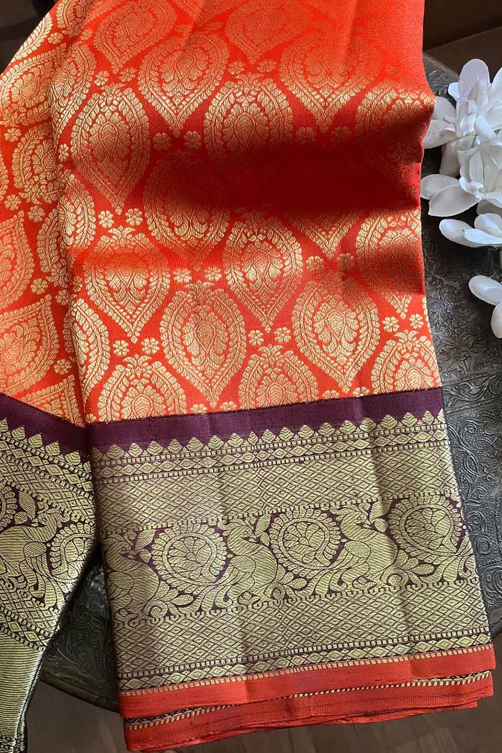 Orange Handloom Kanjeevaram Pure Silk Saree - Luxurion World