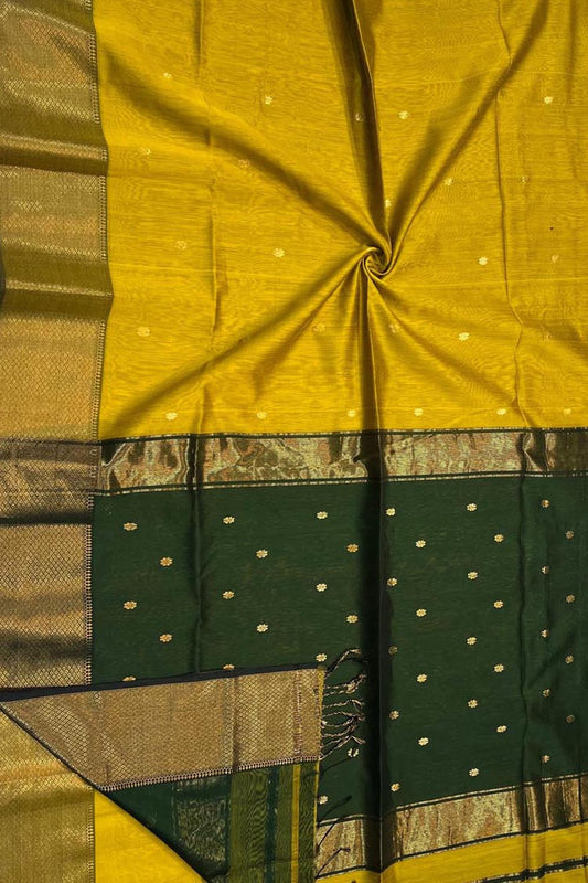 Stunning Yellow & Green Handloom Maheshwari Saree - Luxurion World