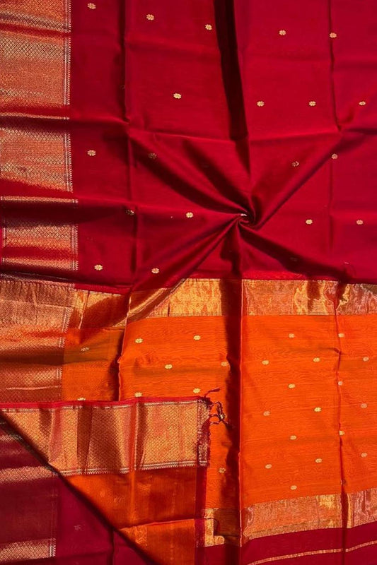 Vibrant Red & Orange Maheshwari Silk Saree - Luxurion World