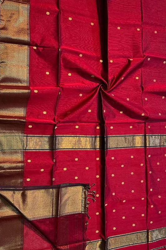 Stunning Red Handloom Maheshwari Saree - Cotton Silk - Luxurion World