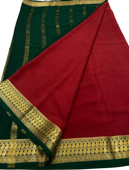 Exquisite Red & Green Mysore Silk Saree - Luxurion World