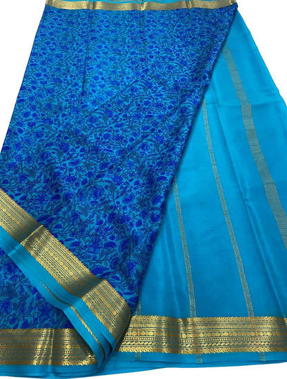 Blue Mysore Handloom Crepe Saree with Digital Print - Luxurion World