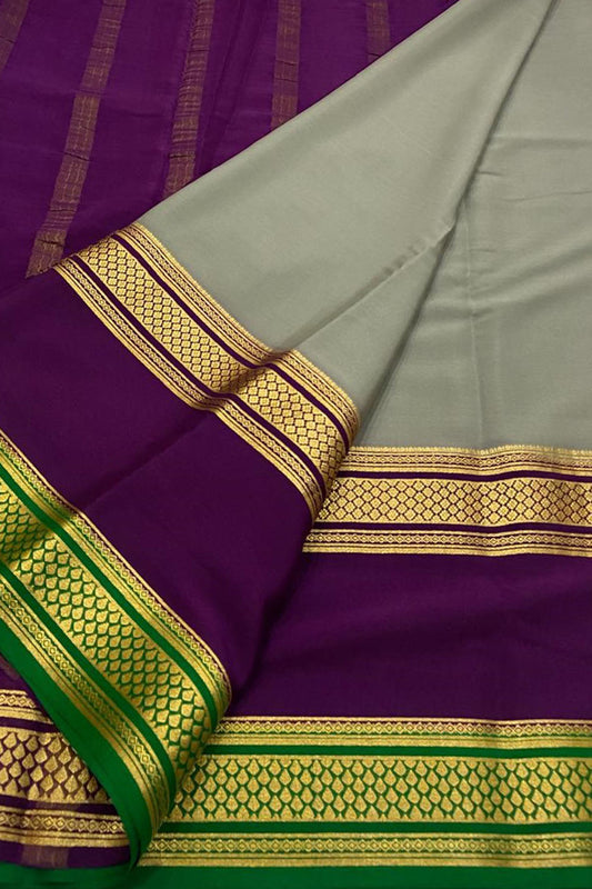 Grey & Purple Handloom Mysore Crepe Silk Saree - Luxurion World