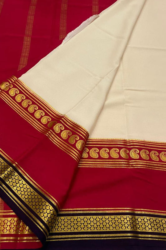 Pastel & Red Handloom Mysore Pure Crepe Silk Saree - Luxurion World