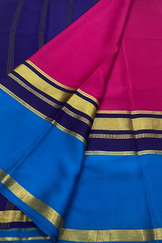 Handloom Mysore Pure Crepe Silk Saree in Pink and Blue