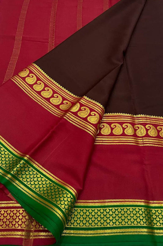 Brown & Pink Handloom Mysore Crepe Silk Saree - Luxurion World