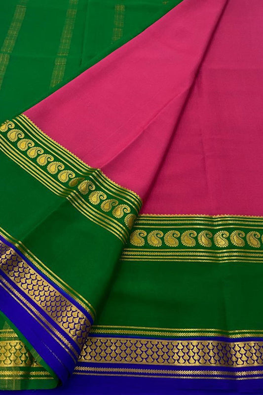 Stunning Pink & Green Handloom Mysore Silk Saree - Luxurion World