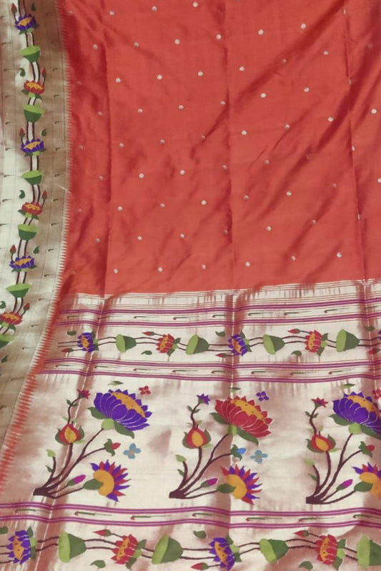 Orange Paithani Handloom Silk Saree with Lotus Border