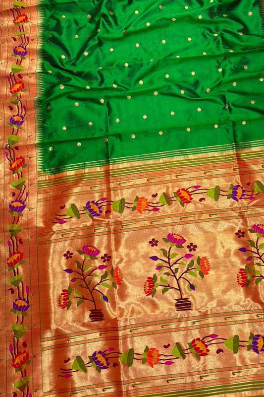 Green Paithani Handloom Silk Saree with Lotus Border