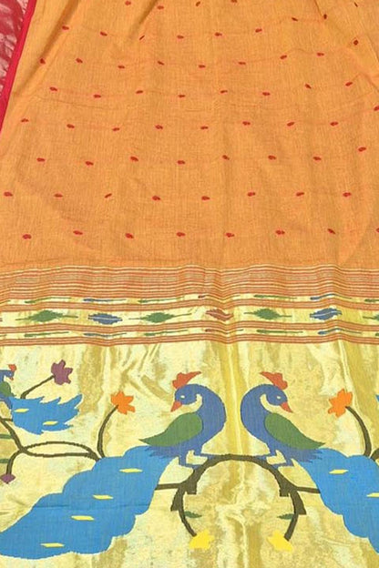 Orange Paithani Handloom Cotton Saree - Elegant Ethnic Wear - Luxurion World