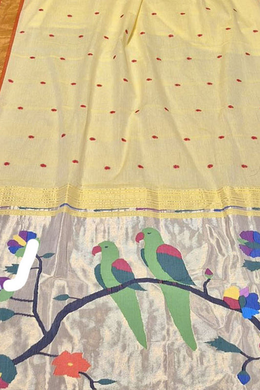 Yellow Paithani Handloom Saree - Elegant Cotton Beauty - Luxurion World