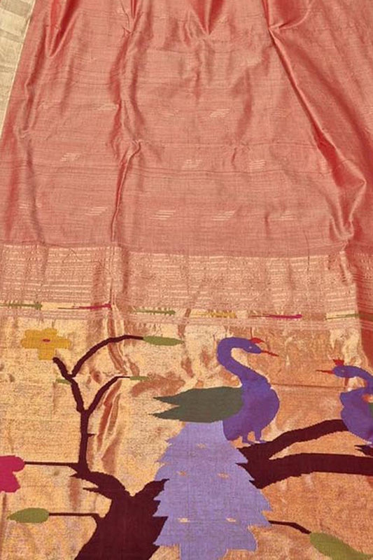 Peach Pink Paithani Handloom Cotton Saree - Elegant and Traditional - Luxurion World