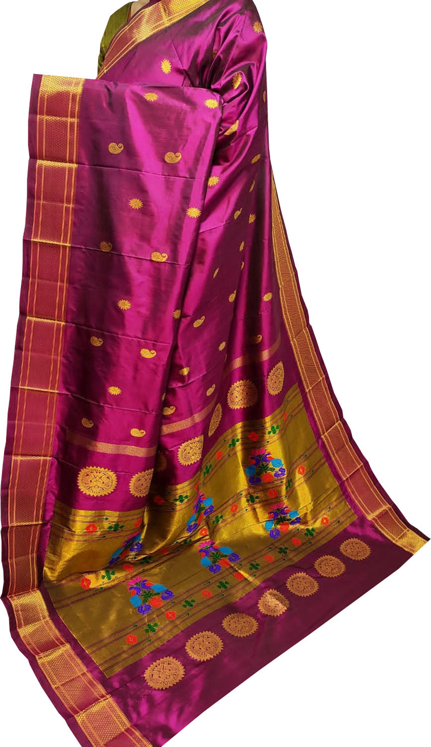 Purple Handloom Paithani Pure Silk Triple Muniya Border Checks Design Saree  - Luxurionworld – Luxurion World