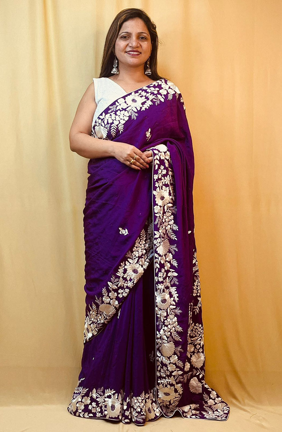 Purple Hand Embroidered Parsi Gara Pure Satin Crepe Silk Flower Design Saree  - Luxurionworld – Luxurion World