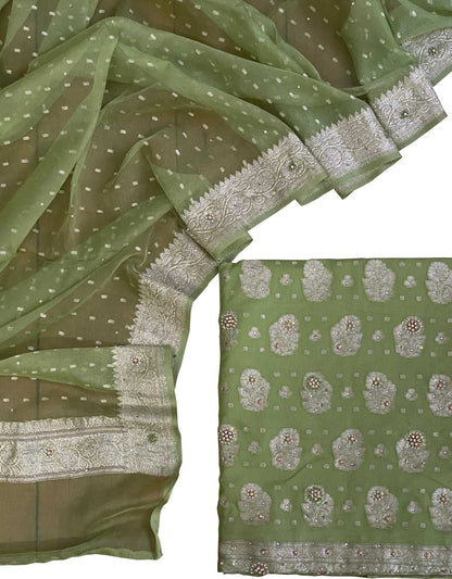 Elegant Green Banarasi Chiffon Suit with Zardozi Work - Luxurion World