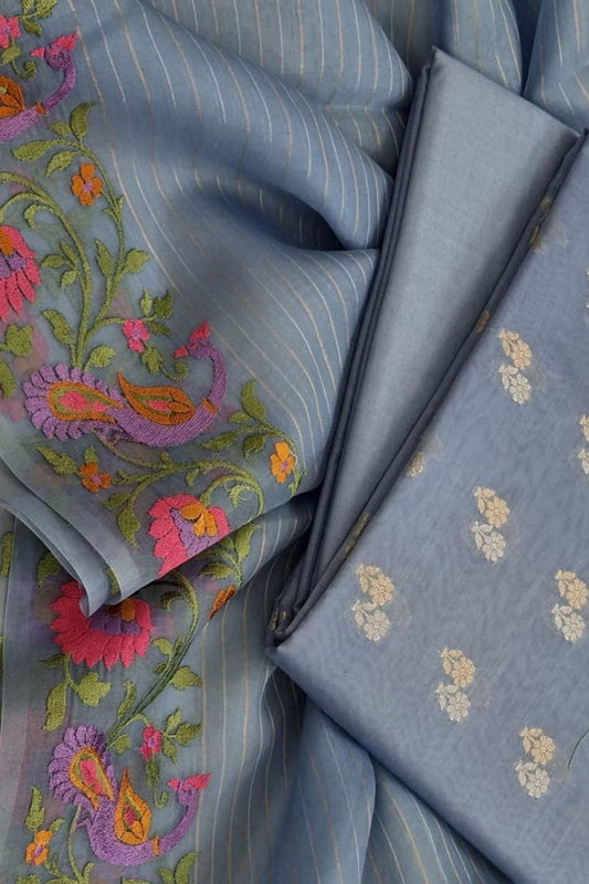 Elegant Grey Banarasi Chanderi Silk Suit Set