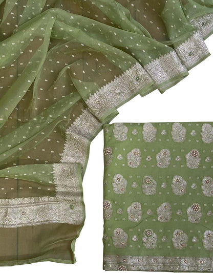 Green Banarasi Chiffon Suit Set with Zardozi Work - Luxurion World