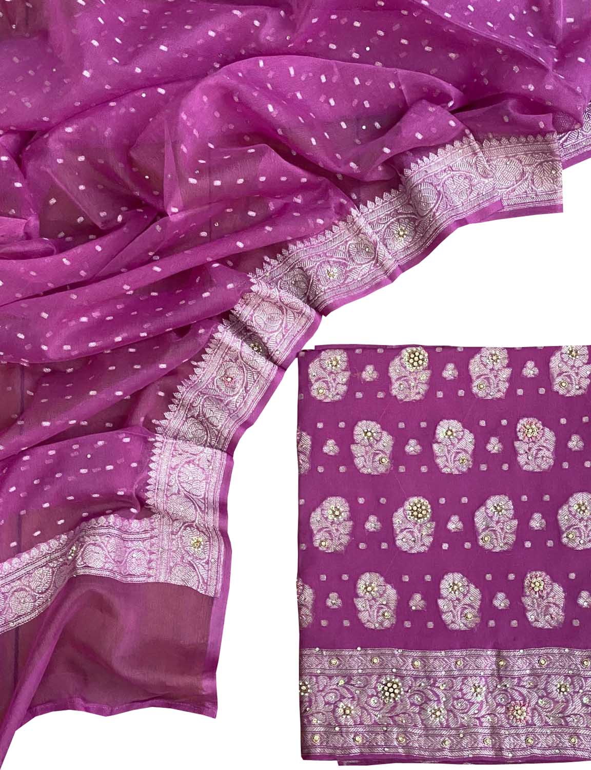 Elegant Pink Banarasi Chiffon Suit Set with Zardozi Work - Luxurion World
