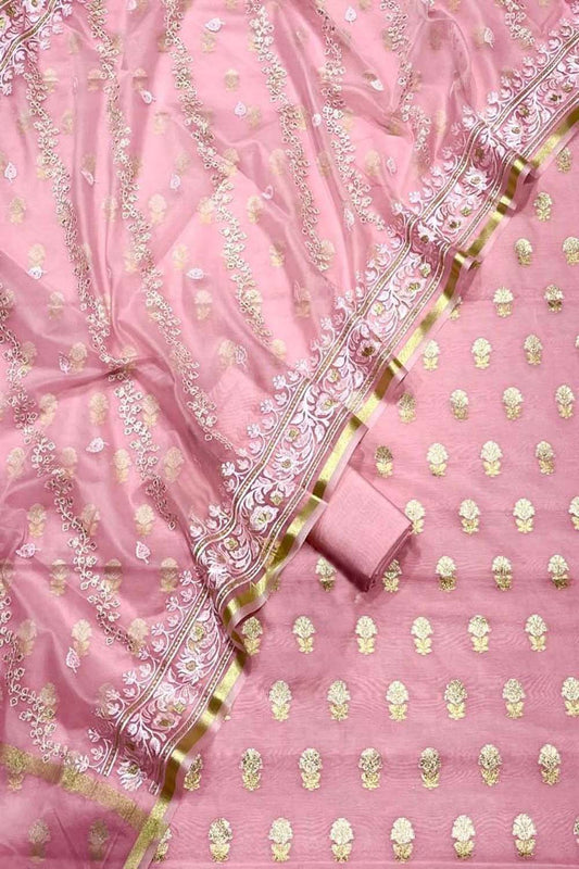 Pretty in Pink: Banarasi Cotton Silk Suit with Embroidered Dupatta - Luxurion World